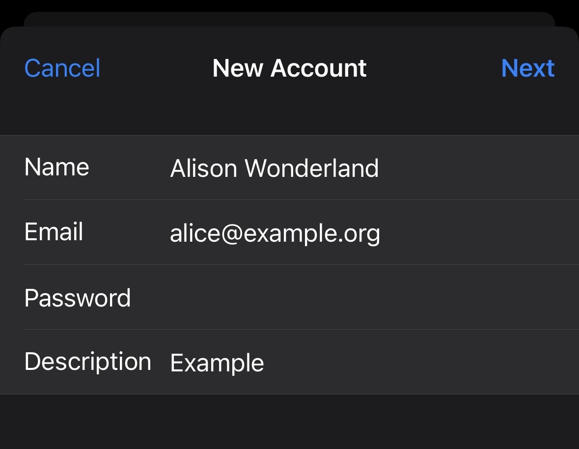 A screenshot showing the screen that appears after pressing add mail account