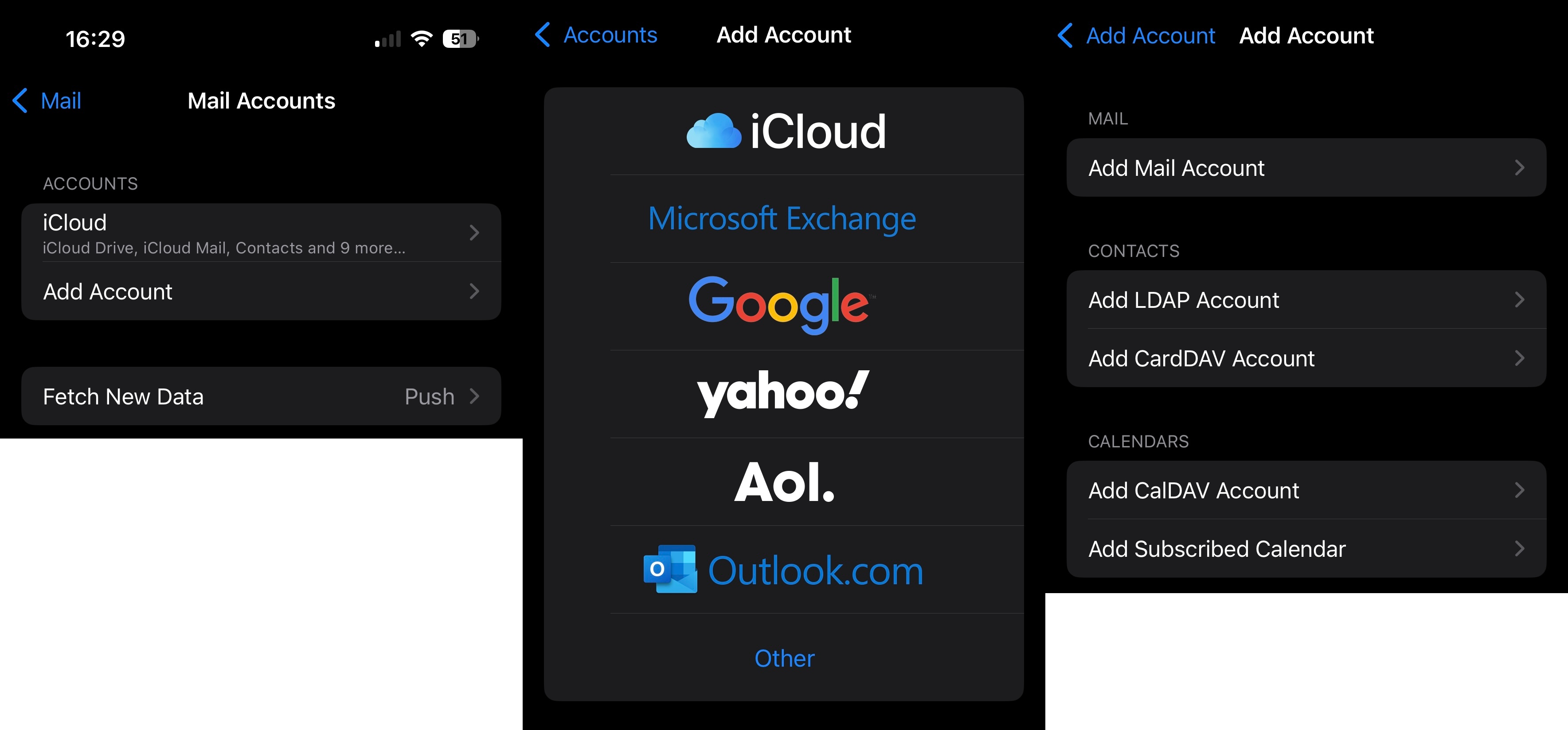 A composite of three screenshots of the screens shown when you add a new mail account, the first is the list of mail accounts, the second screen shows a list of email providers, and the third is a list of details for the email account, after selecting other