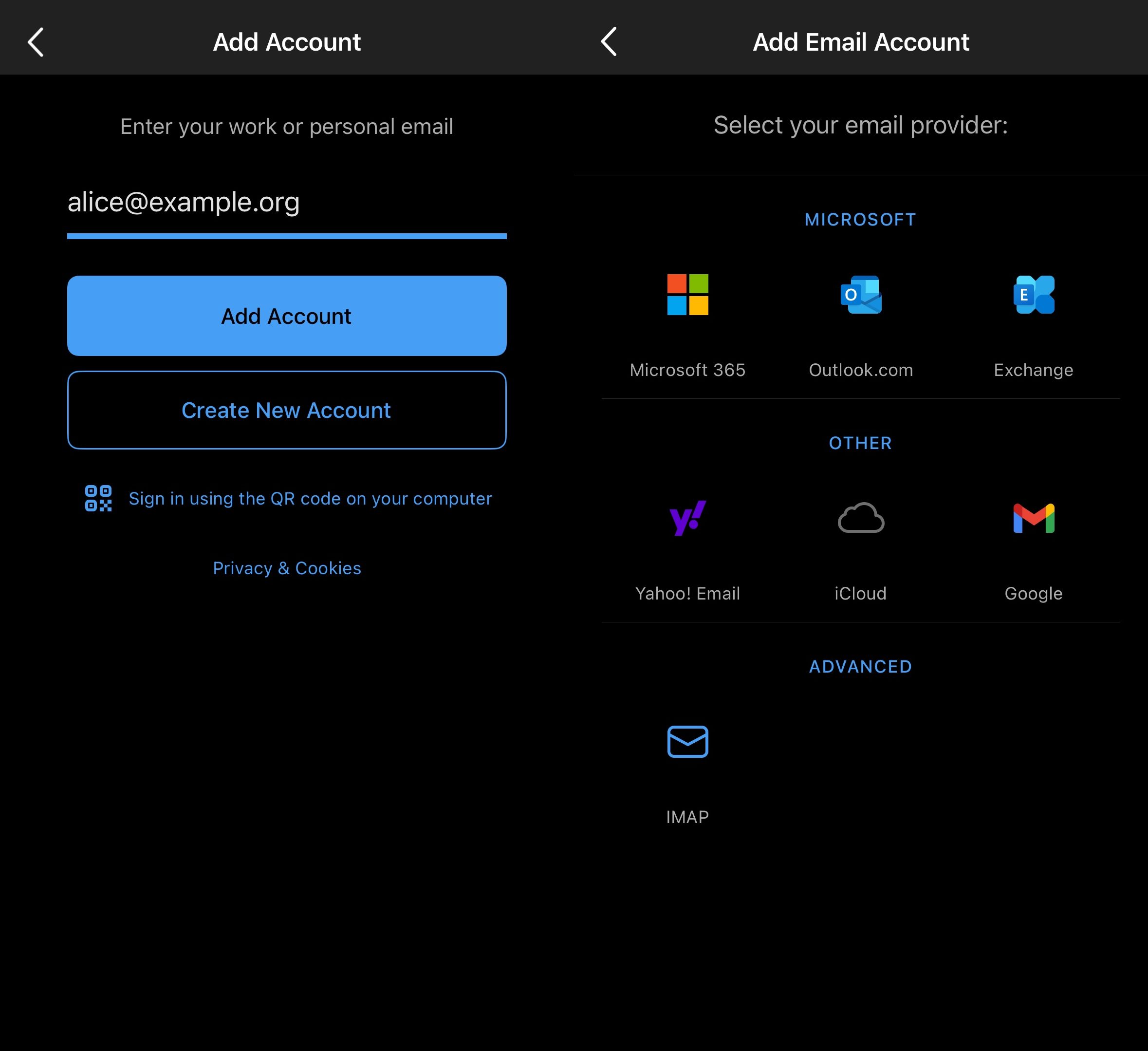 A screenshot showing the screens shown when adding an account